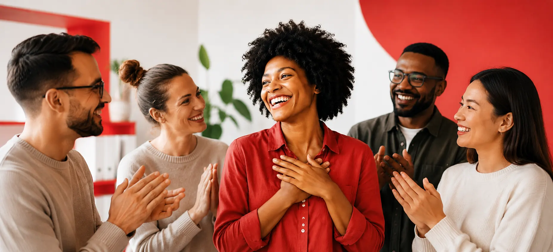 Diverse group of five colleagues smiling and clapping in an office setting.