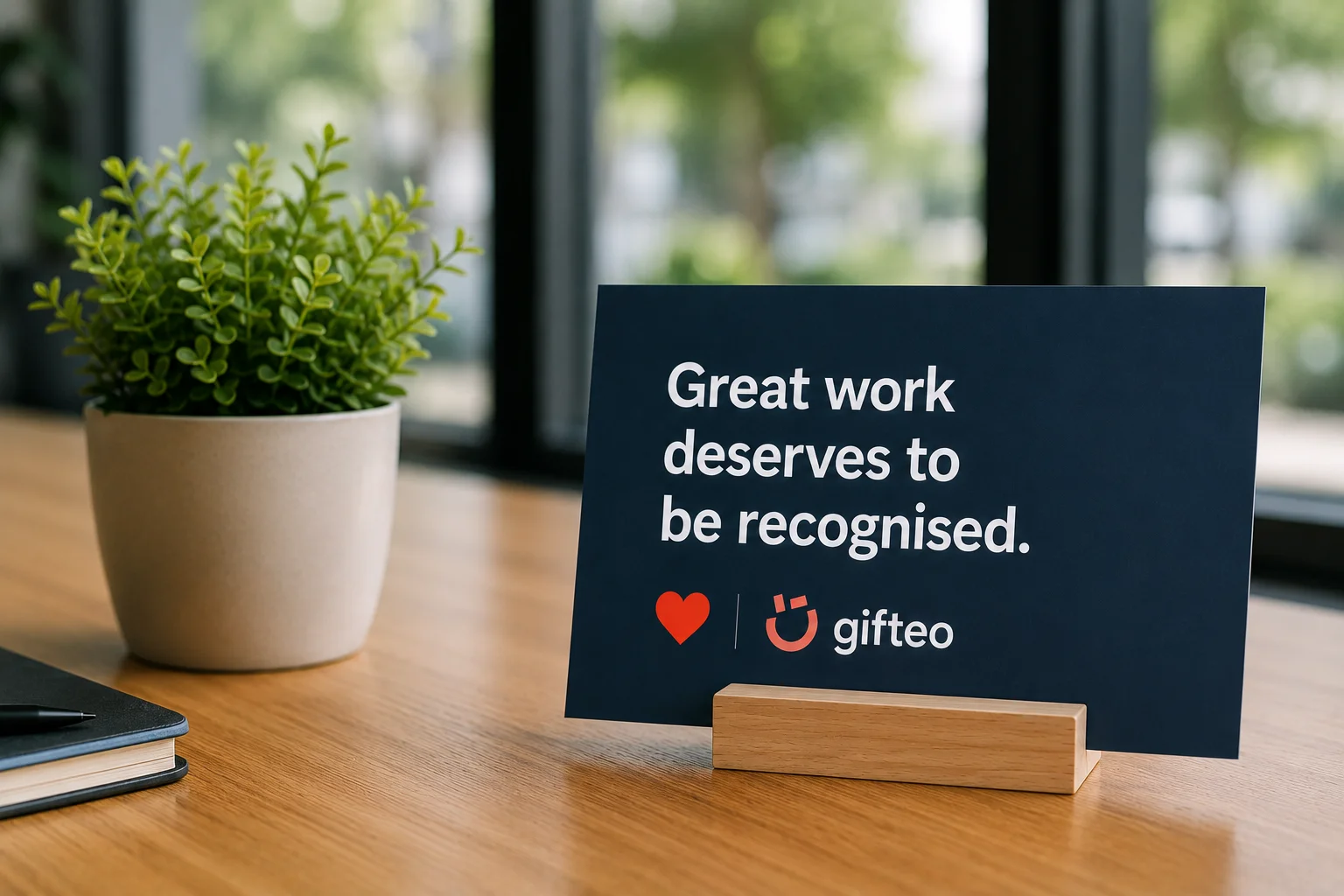 Dark blue sign on a wooden desk reads: 'Great work deserves to be recognised.' with heart icon and gifteo logo nearby.