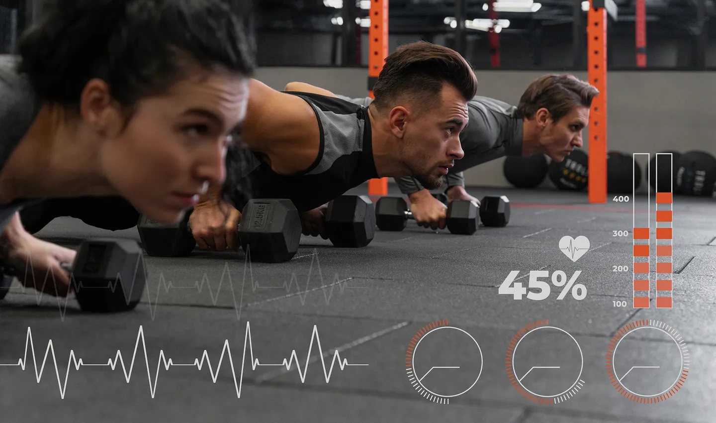 Three people perform push-ups with dumbbells in a gym, overlaid with fitness HUD elements like heart-rate bars and circular gauges showing 45%.