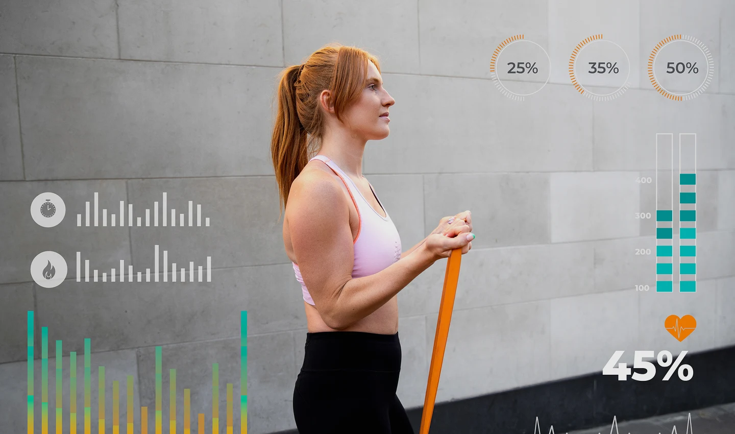 Fit woman in workout clothing holds an orange bar as data overlays show fitness metrics and charts (percentages, bars, heart rate).