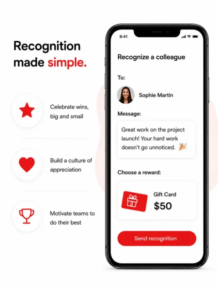 Graphic advertising an employee recognition app: left column highlights stars, hearts, and trophies; right shows a phone mockup with recognition form.