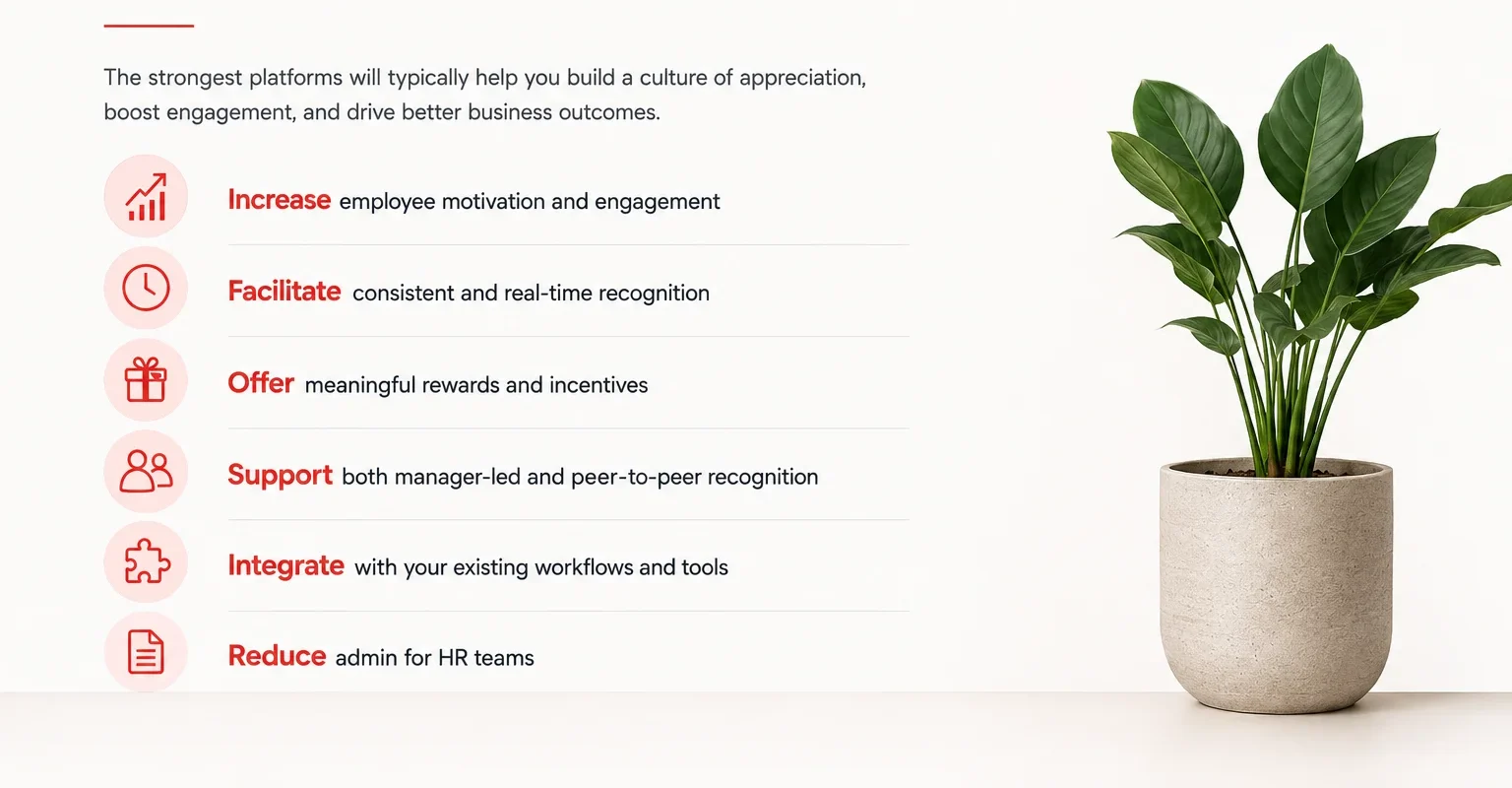 Slide with the title 'What Makes a Great Employee Recognition Platform?' and a potted plant on the right, listing six benefits on the left.