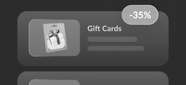 Promotional Gift Cards card with a gift-wrapped image and a -35% discount badge on a dark rounded UI panel with two text lines beside the image.