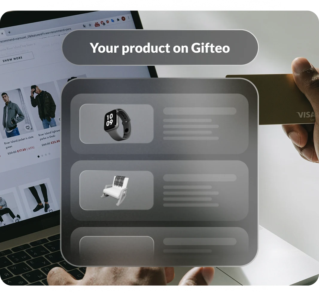 Mockup showing a product listing on a Giftee-style interface with a smartwatch and a chair thumbnail on gray rounded cards.