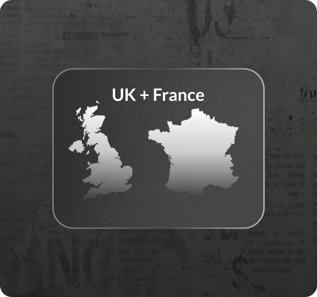 Silhouettes of the United Kingdom and France with the caption 'UK + France' on a dark rounded card background.